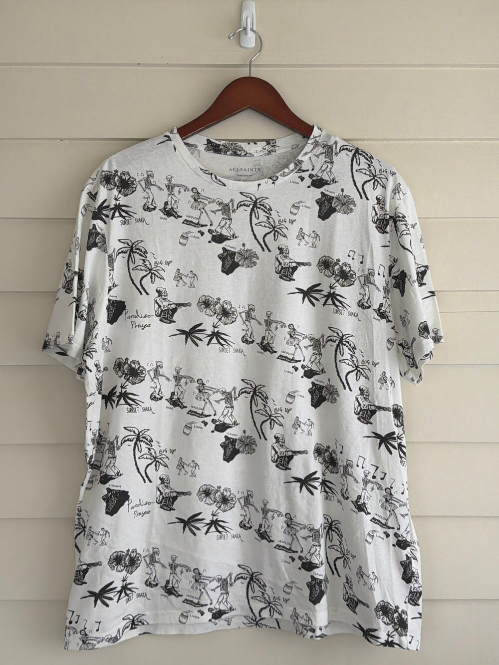 AllSaints Sunset Shaka Paradiso Playa T Shirt Large NWT White Skeleton Hawaiian